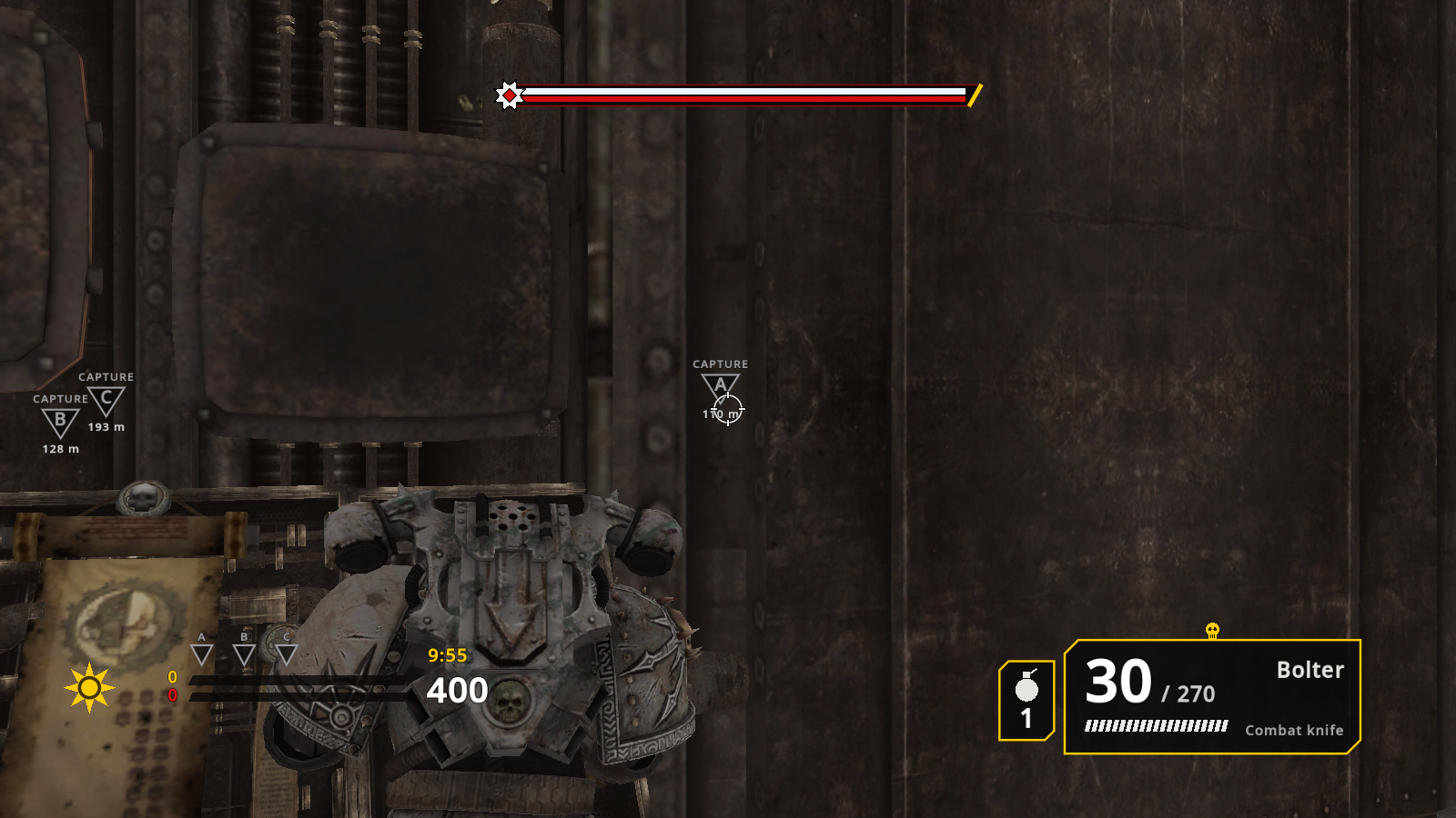 A Chaos Space Marine from behind in the original Chaos armour with the Seize Ground HUD