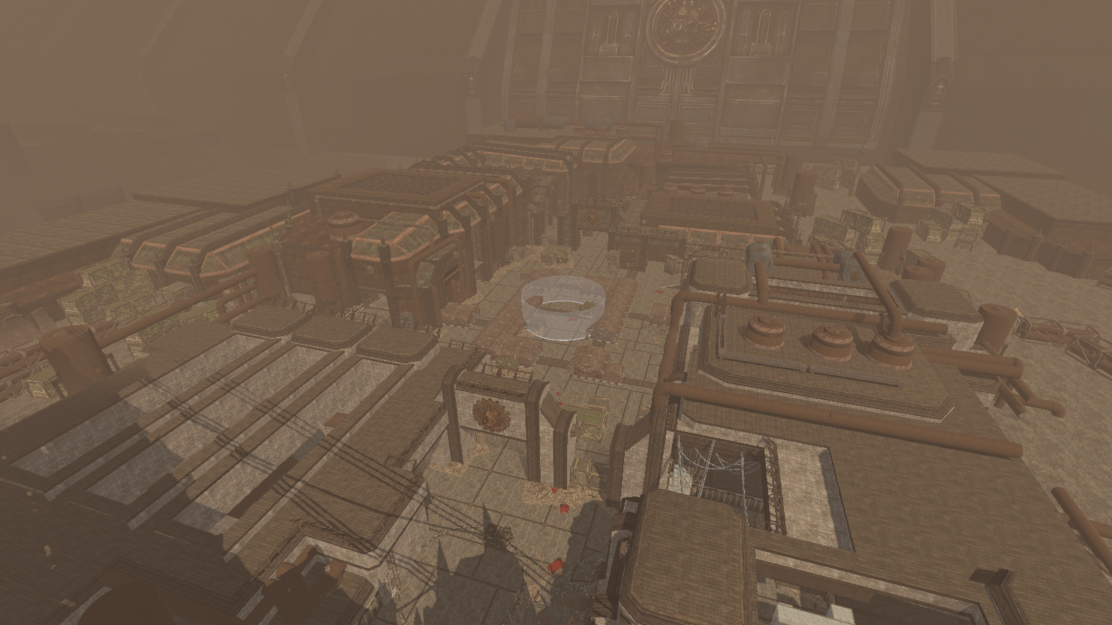 Overhead view of the Manufactorum map rendered by sm-reimpl, with a Seize Ground capture point in the middle