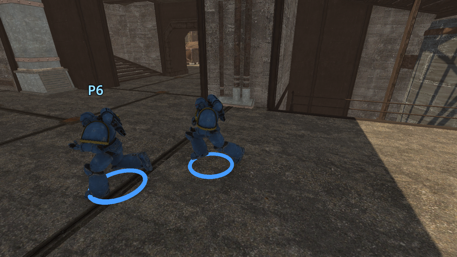 Two Space Marines running through a Manufactorum corridor