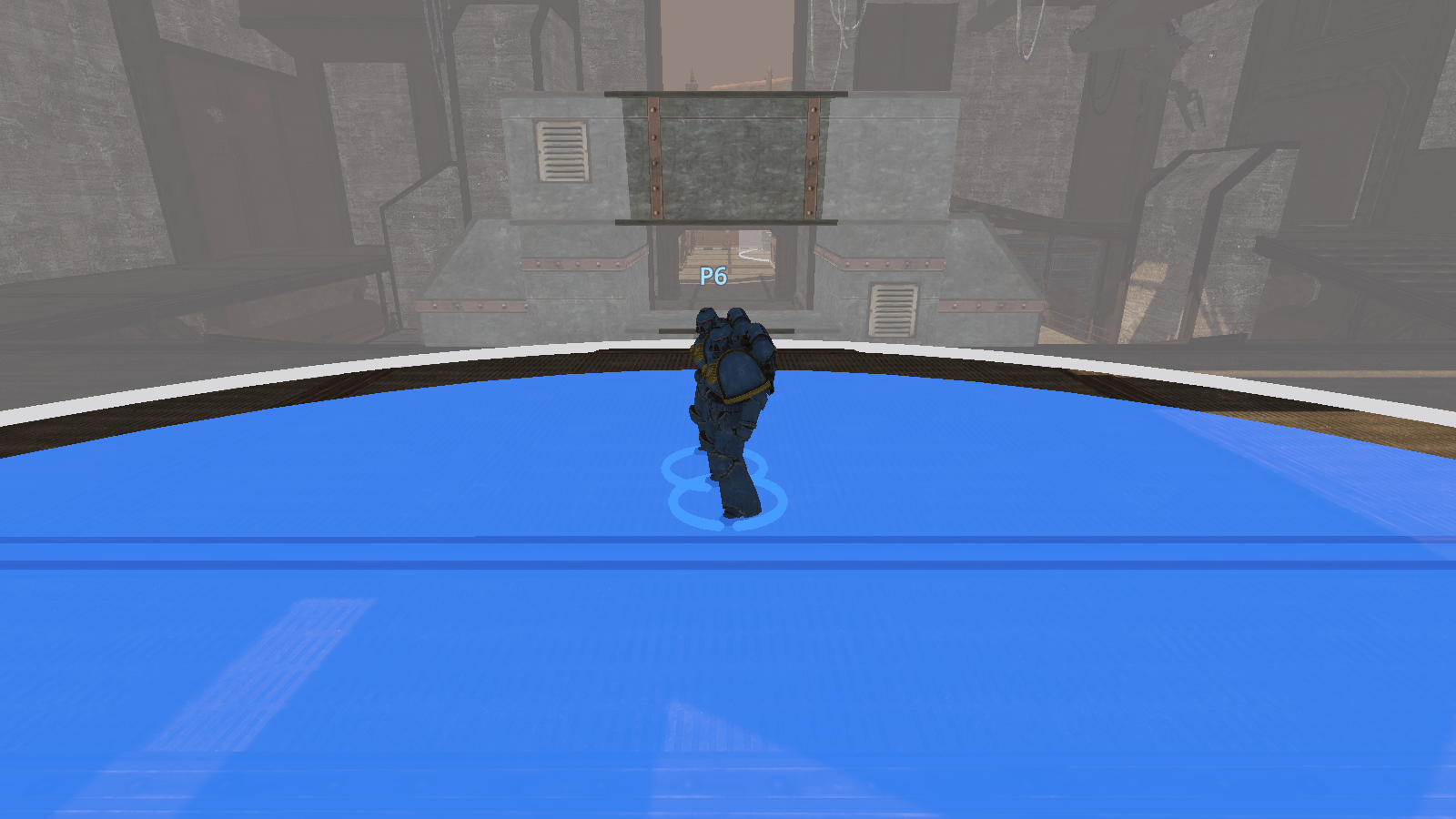 A Space Marine standing on a blue capture disc