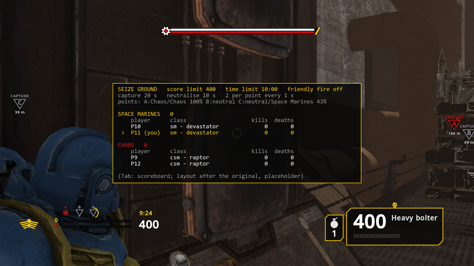 A Seize Ground scoreboard listing both teams over a Devastator's view, with the heavy bolter ammo panel