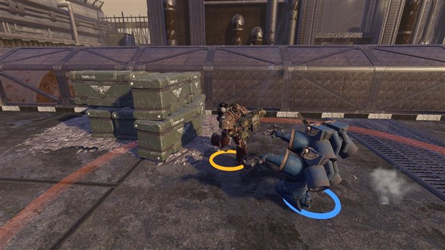A Marine and a Chaos Marine in a melee exchange.