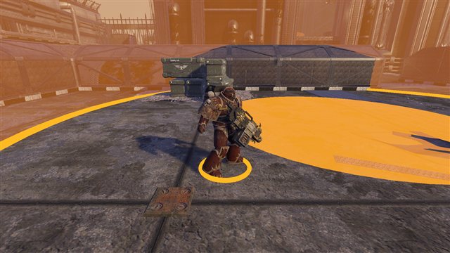 A Chaos Marine steps across a Seize Ground capture disc.