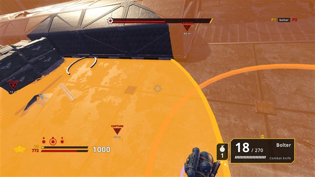 Aim view across a capture disc, markers and kill feed.